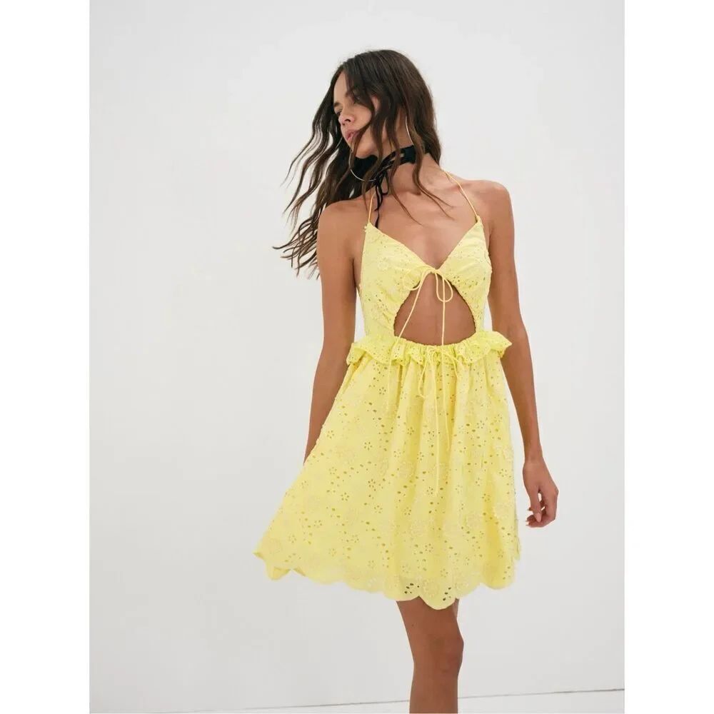NWT For Love & Lemons Natalia Mini Dress in Yellow Size Small $248 MSRP